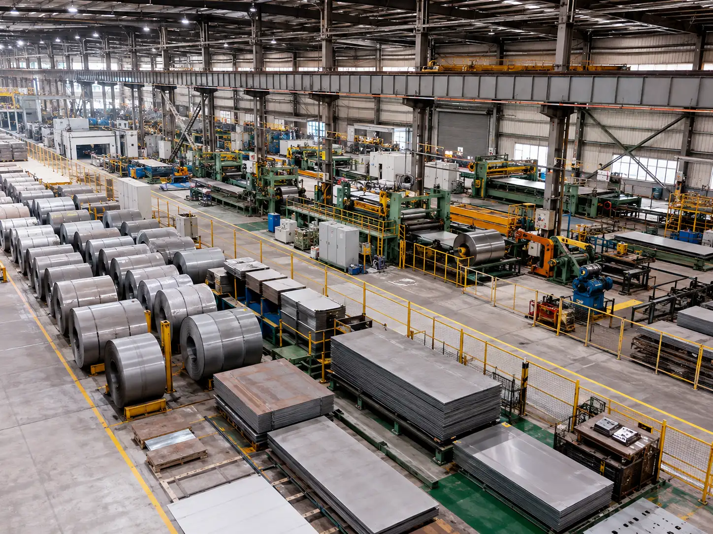 Cold-Rolled Steel Manufacturing Overhead Modern steel processing factory showing production equipment, storage and manufacturing operations