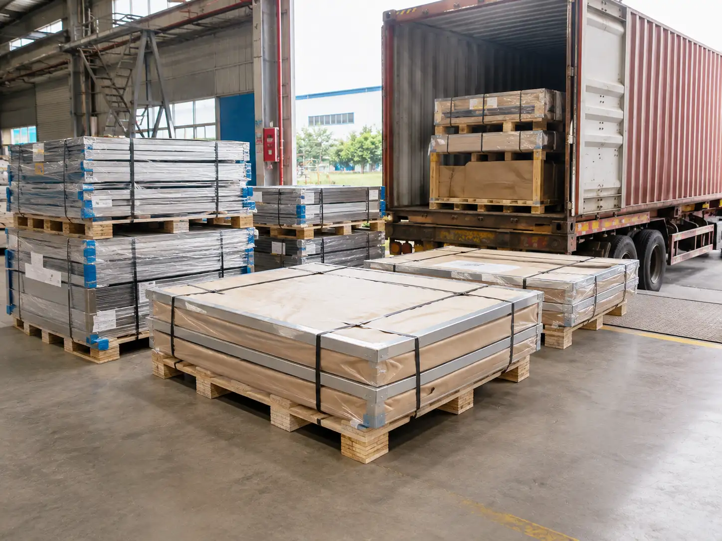 Cold-Rolled Steel Packaging and Transportation Packaged cold-rolled carbon steel sheets secured on pallets for storage and transportation