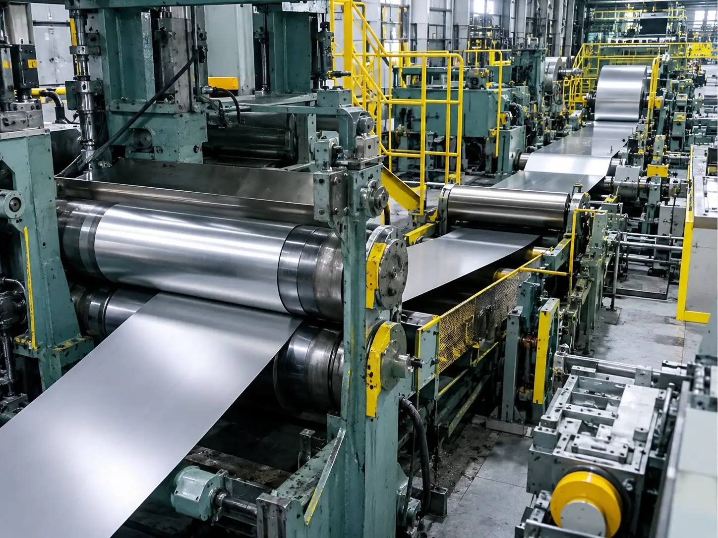 Cold-Rolled Steel Processing Costs Cold-rolled steel strip passing through industrial rolling equipment during sheet processing
