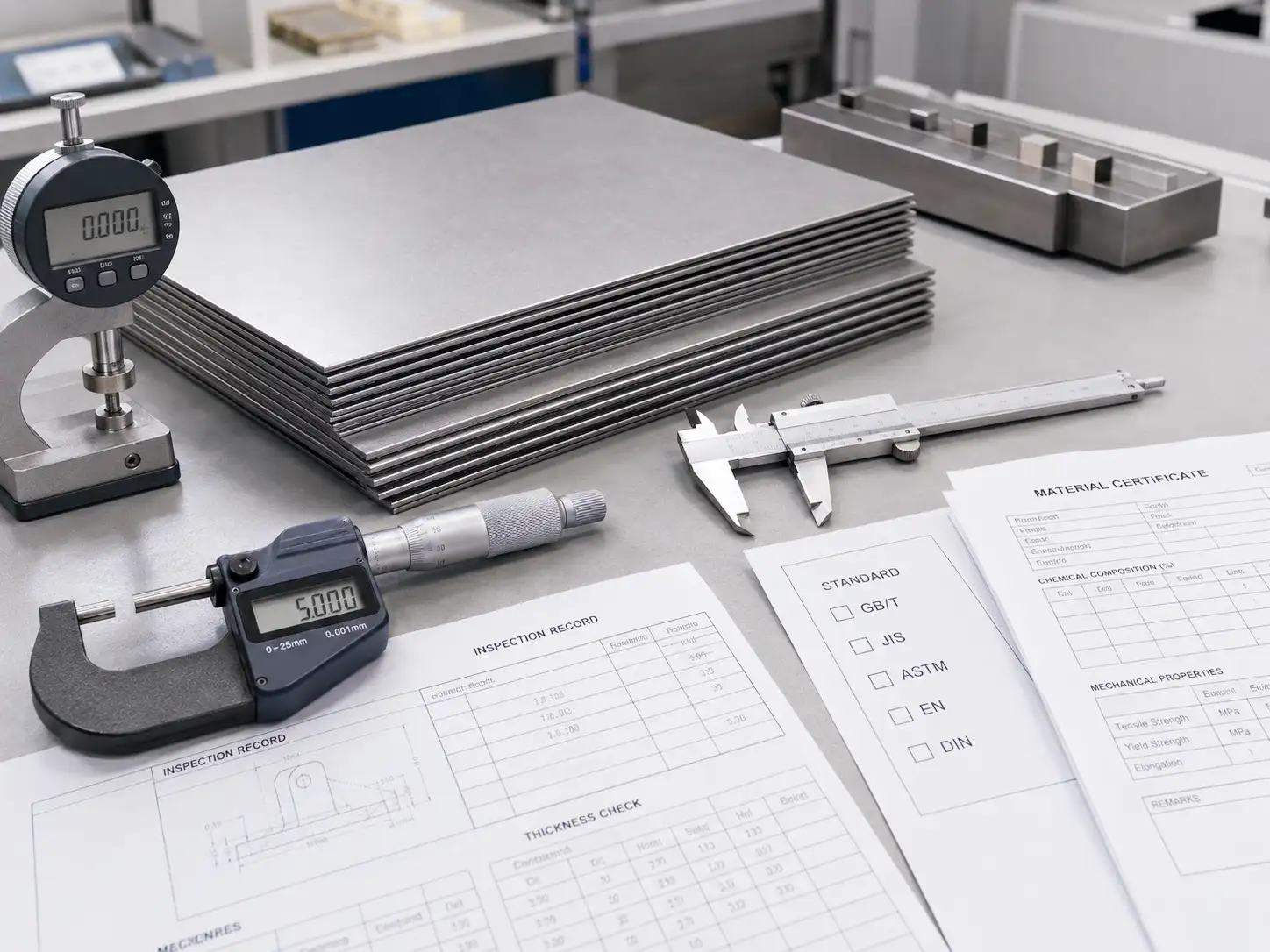 Cold-Rolled Steel Standards and Quality Inspection Cold-rolled carbon steel sheet inspection with measuring tools and material quality documents