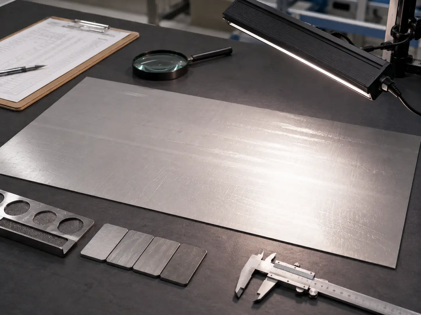 Cold-Rolled Steel Surface Defect Inspection Cold-rolled carbon steel sheet inspected under angled lighting for scratches and surface defects