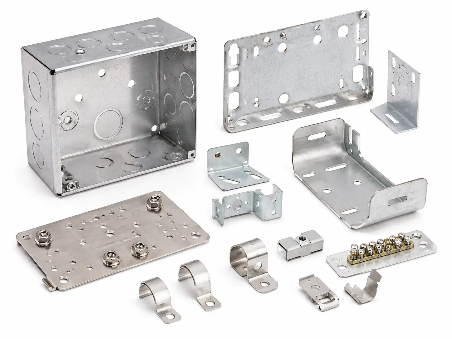 Sheet metal brackets, mounting plates, cable clamps and grounding hardware