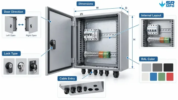 Abmessungen, Kabeleinführungen, Türschlösser und internes Layout von kundenspezifischen Solar-Combiner-Box-Gehäusen