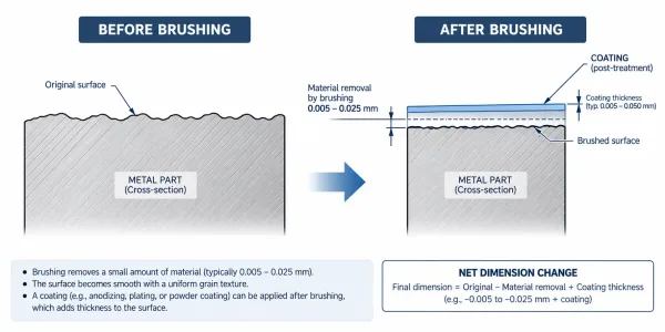 Cross-section diagram illustrating material removal from brushing and coating thickness buildup on metal part