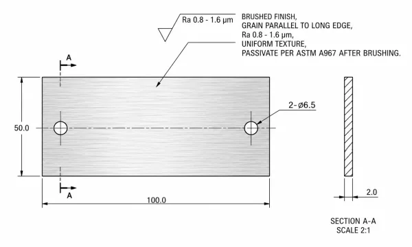 Example engineering drawing callout specifying brushed finish with grain direction, Ra value, and passivation requirement