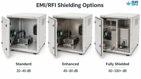 EMI RFI shielding configurations for laboratory instrument enclosures