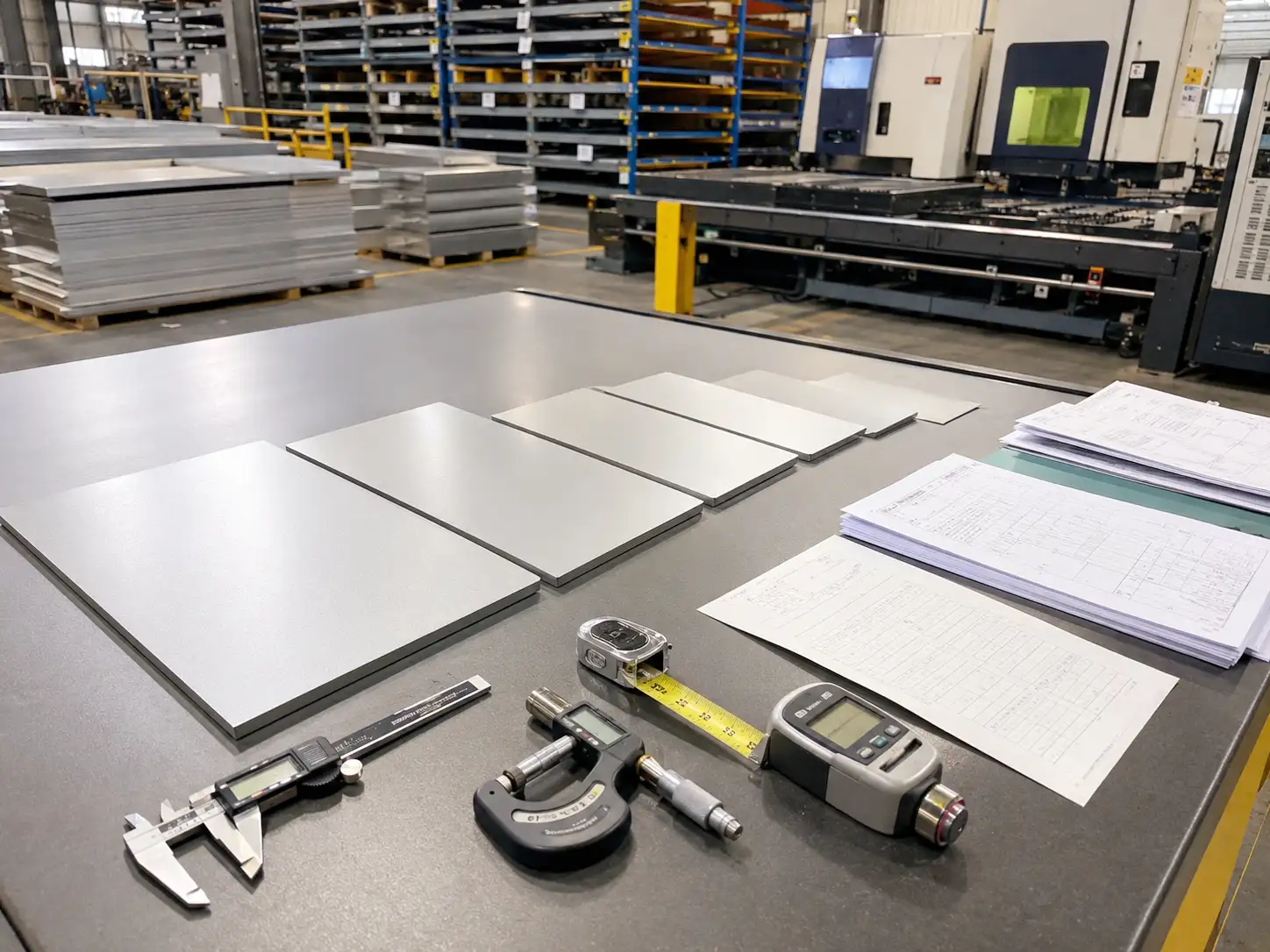 Electro-Galvanized Steel Incoming Inspection and Grade Verification Incoming inspection of electro-galvanized steel sheet with measuring tools and material certification documents