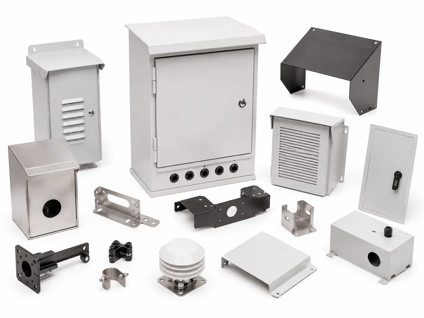 Outdoor monitoring enclosures, protective covers and mounting parts for public-space equipment