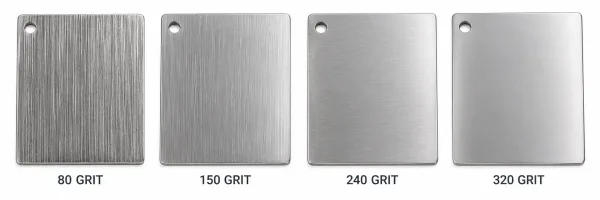Comparison of brushed metal surface textures at different grit levels from 80 to 320 grit