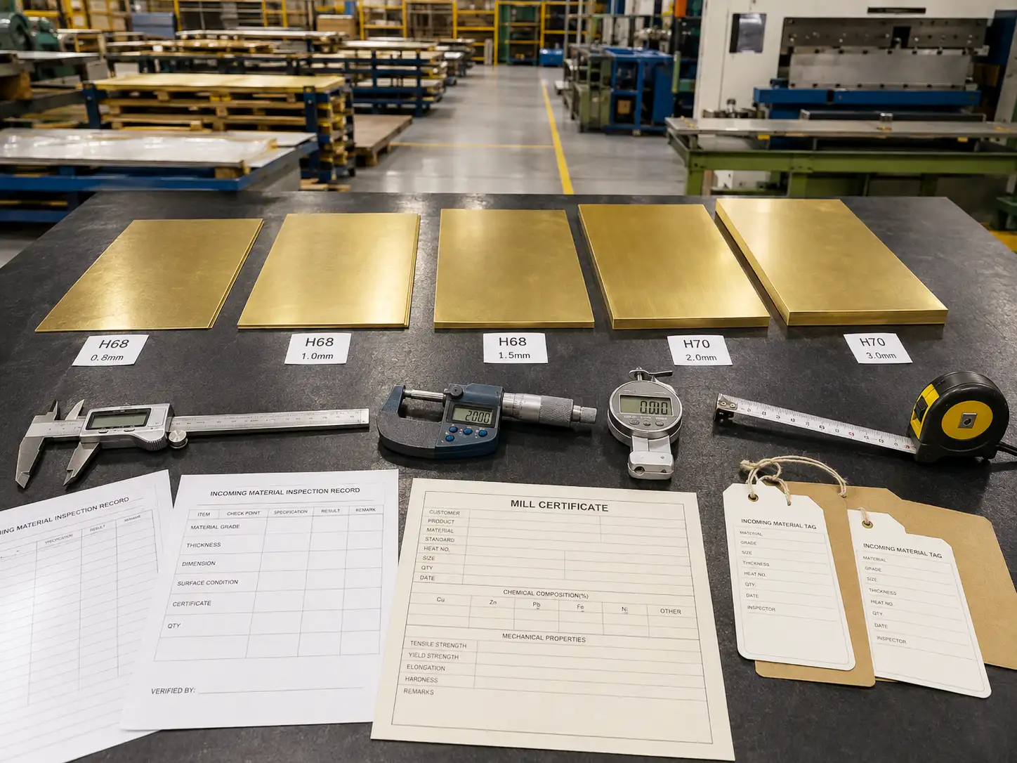 H68 and H70 Brass Incoming Inspection and Specification Verification Incoming inspection of H68 and H70 brass sheet with measuring tools and material certification documents