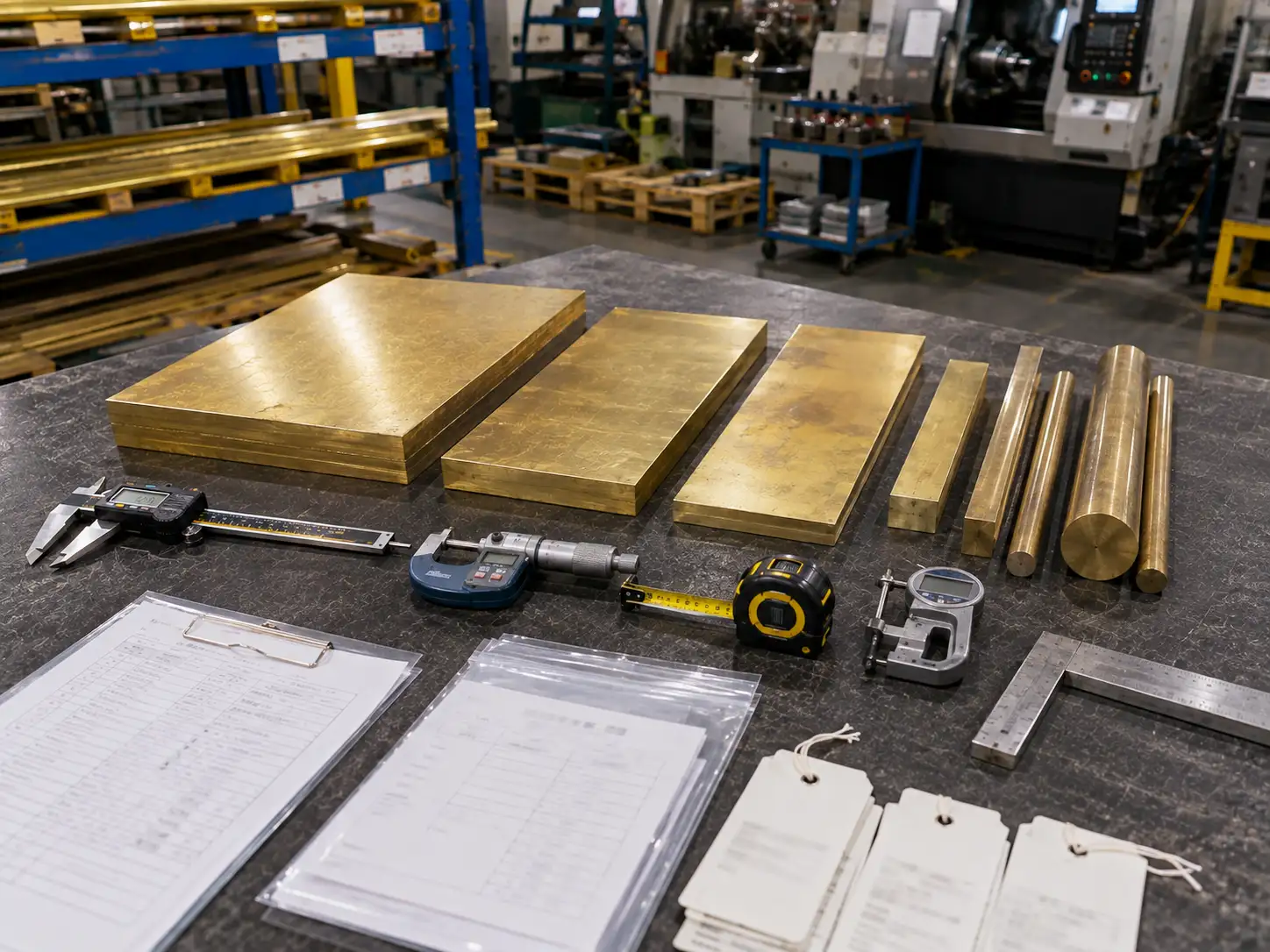 HPb59-1 Leaded Brass Incoming Inspection and Specification Verification Incoming inspection of HPb59-1 leaded brass with measuring tools and material certification documents