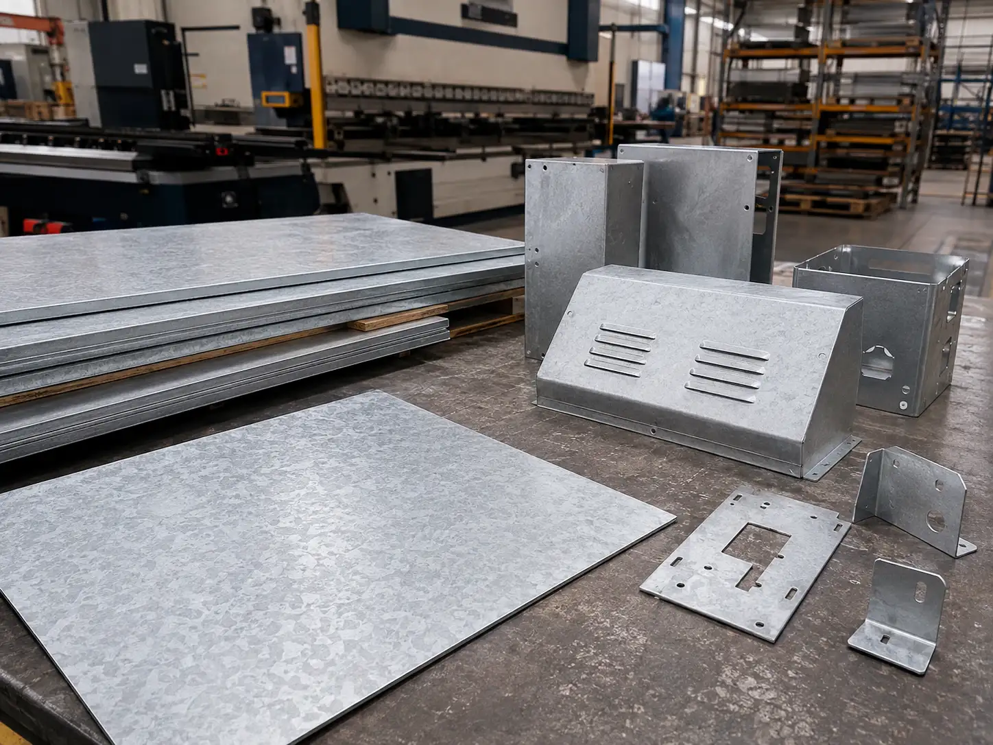 Hot-Dip Galvanized Steel for Sheet Metal Fabrication Hot-dip galvanized steel sheet used for corrosion-resistant sheet metal fabrication in a modern factory