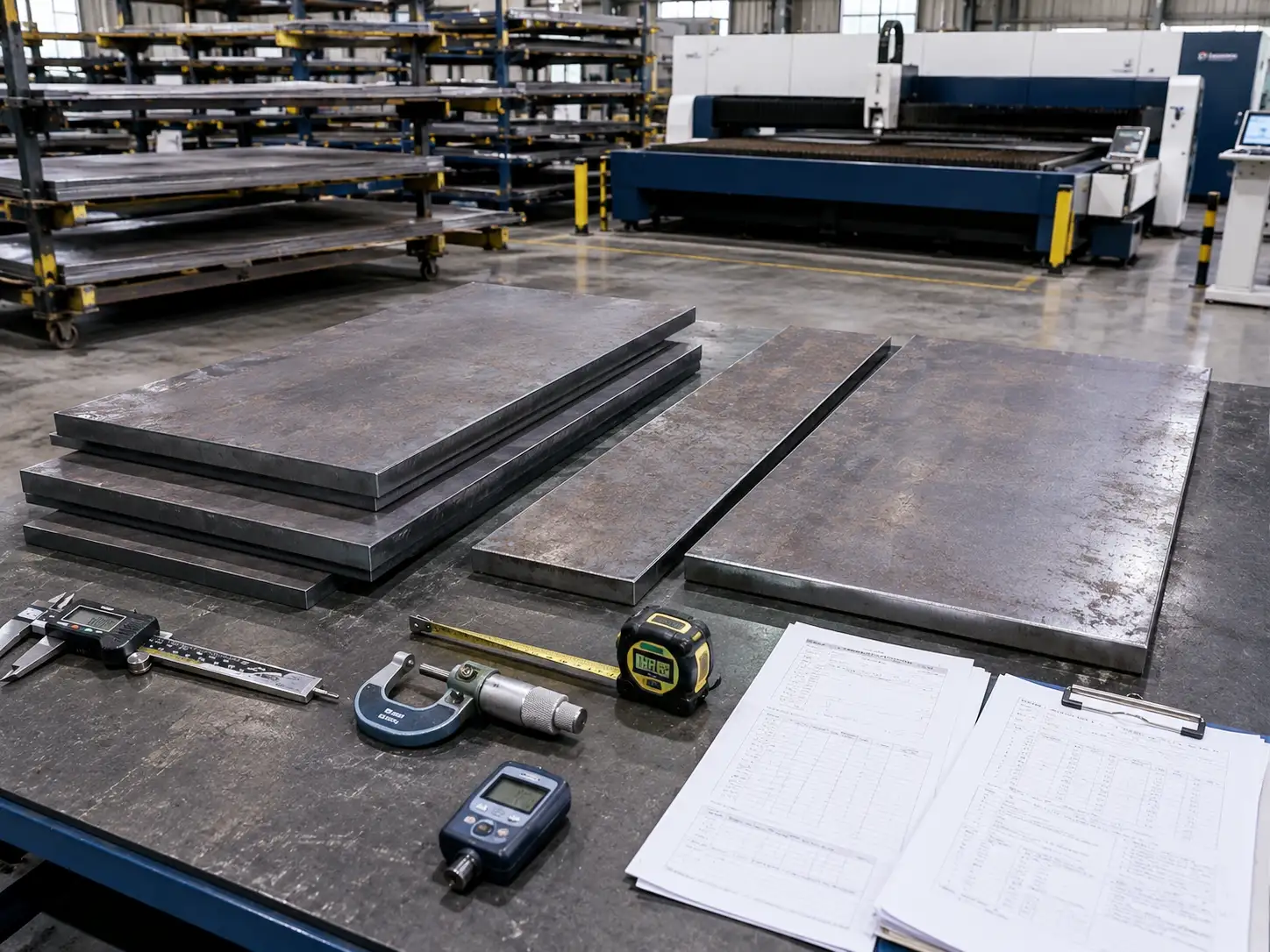 Hot-Rolled Steel Incoming Material Inspection Hot-rolled carbon steel sheet undergoing incoming material inspection before sheet metal fabrication