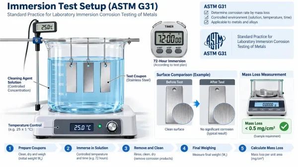 Laboratory setup showing immersion testing of stainless steel coupons in cleaning agent solution per ASTM G31