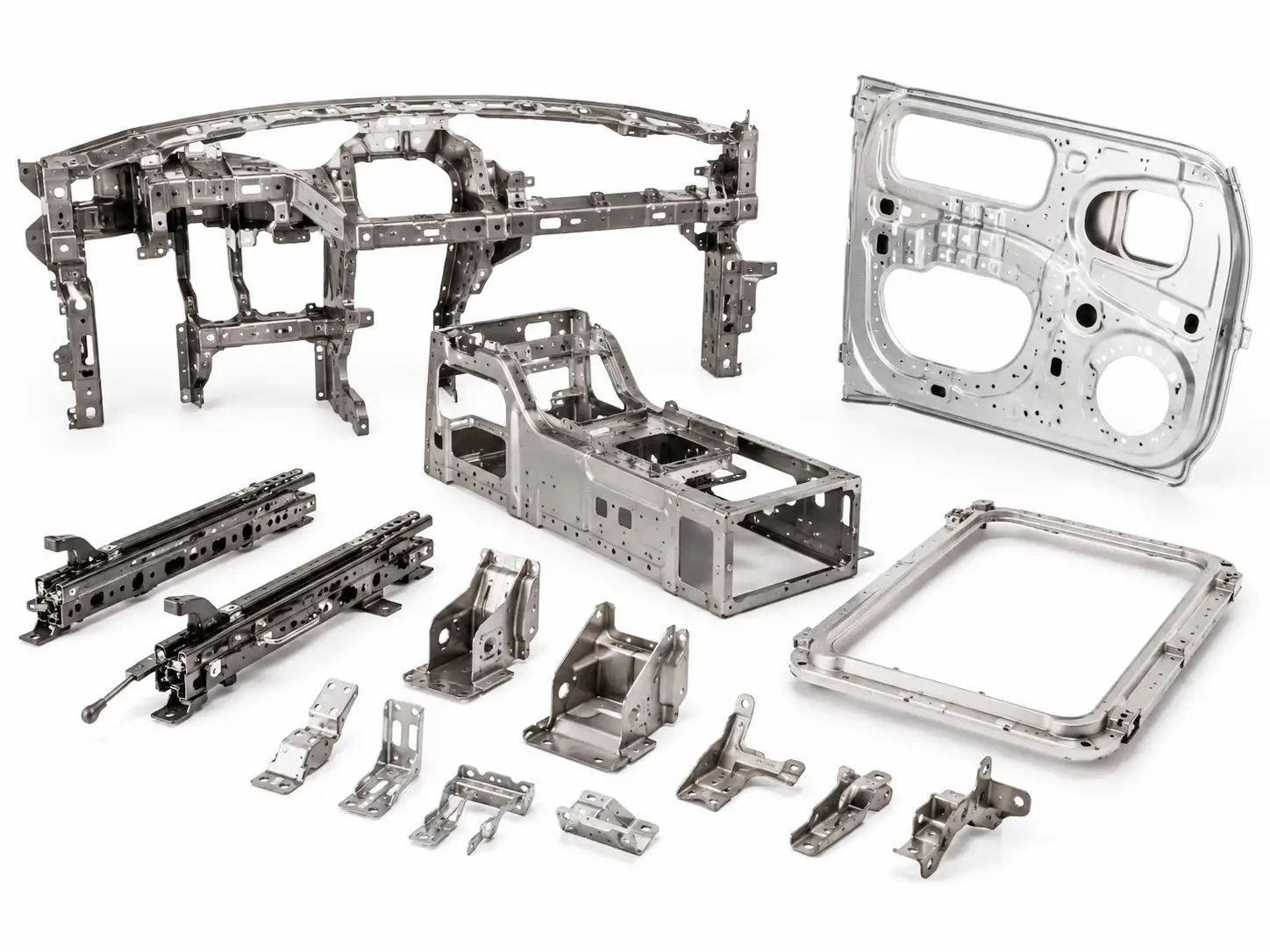 Automotive interior sheet metal components including instrument panel brackets, seat rails and console frames