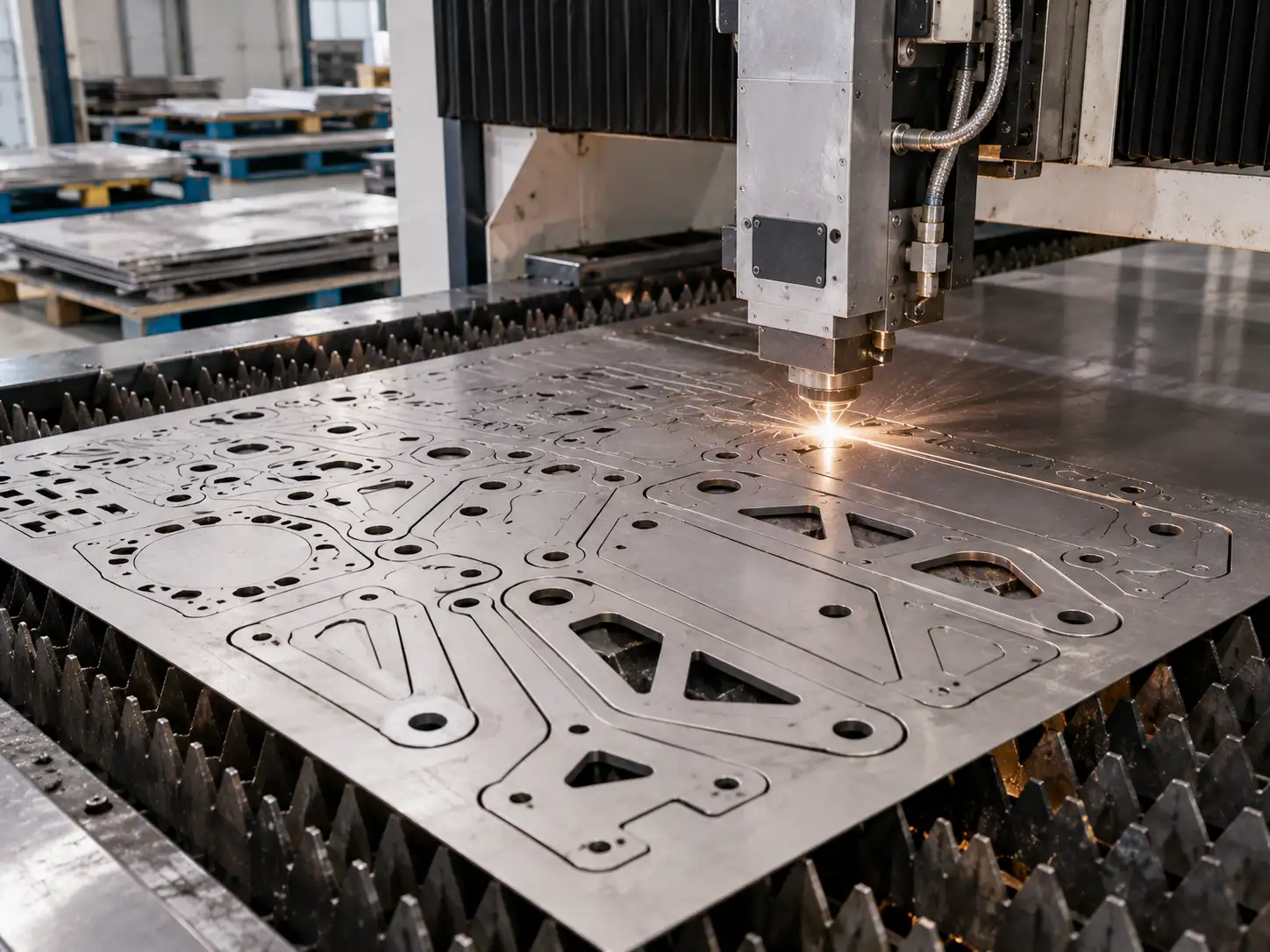 Laser Cutting of TC21 Titanium Sheet TC21 titanium alloy sheet undergoing precision laser cutting in a modern metal fabrication factory
