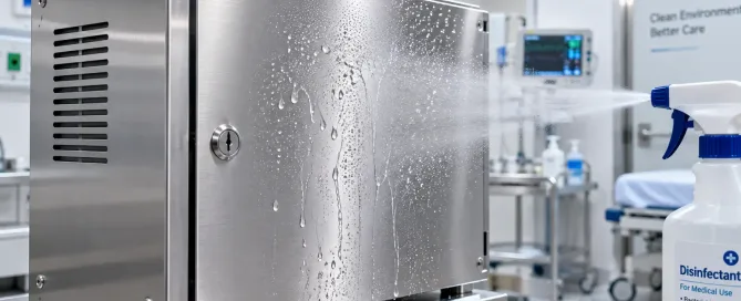 Stainless steel medical enclosure being cleaned with spray disinfectant in hospital setting