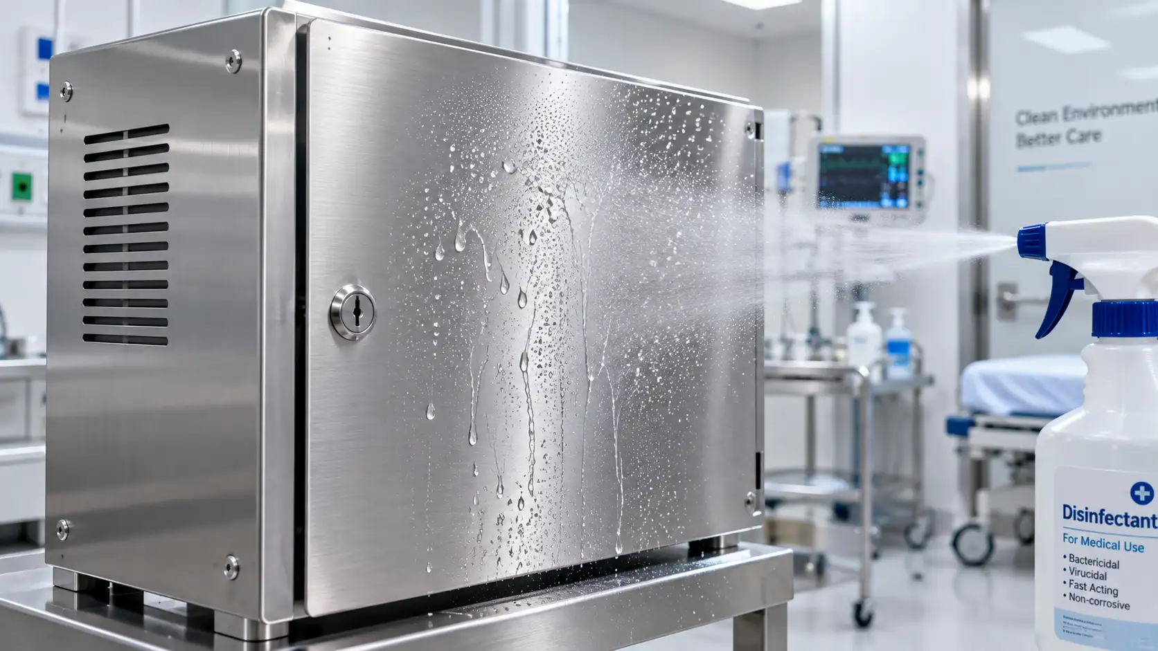 Stainless steel medical enclosure being cleaned with spray disinfectant in hospital setting