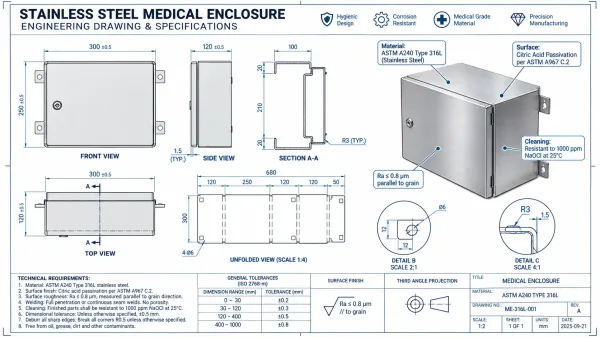 Engineering drawing callout example showing material, surface treatment, and cleaning resistance specifications for medical sheet metal part