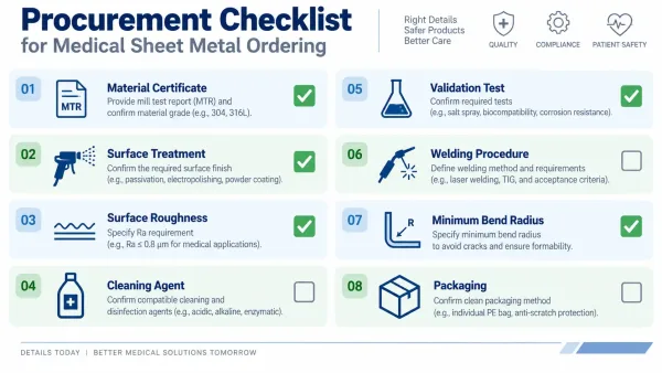 Visual checklist showing eight key verification items for ordering medical sheet metal parts with cleaning resistance requirements