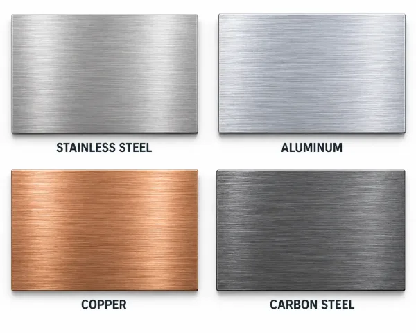 Comparison of brushed finish appearance on stainless steel, aluminum, copper, and carbon steel metals