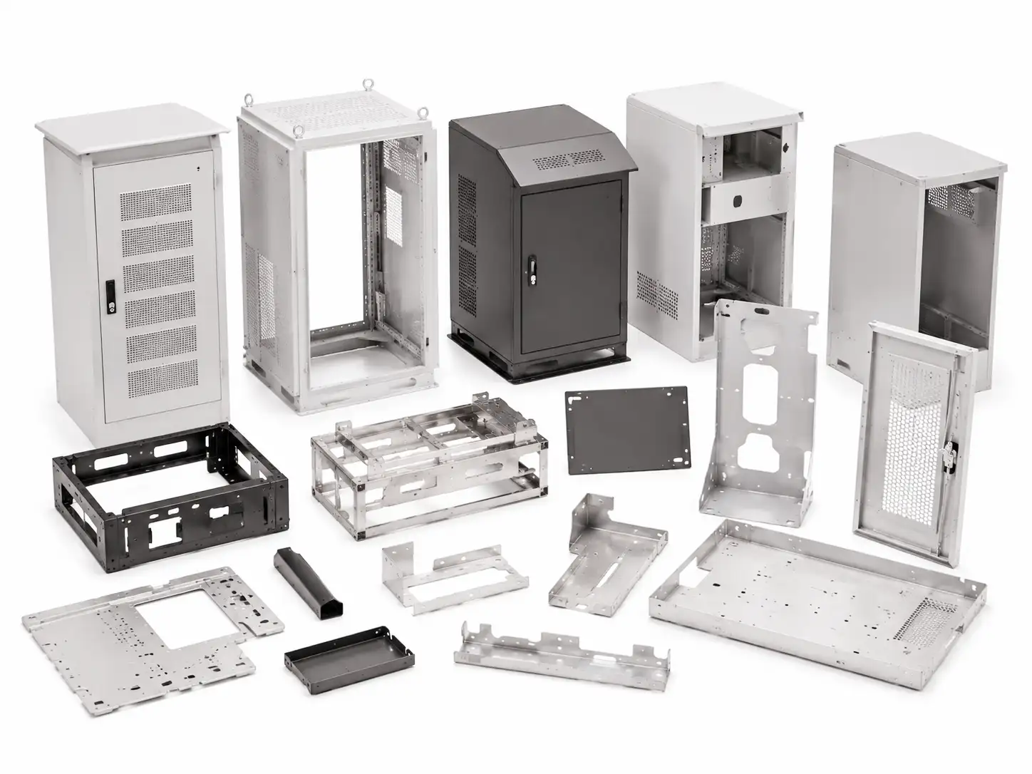 Outdoor power and energy equipment sheet metal enclosures, frames and mounting components