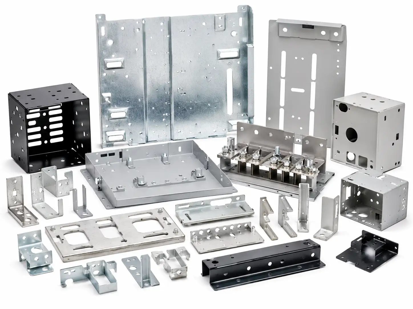 Sheet metal mounting plates, busbar supports and terminal components for power distribution systems