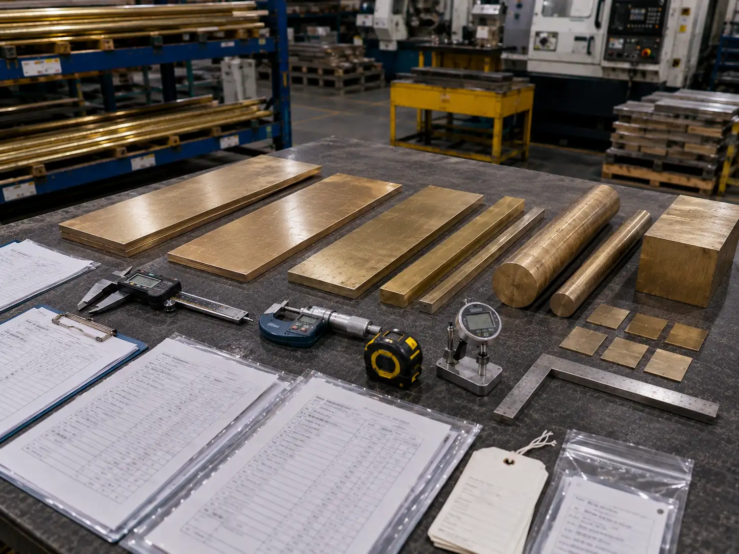 QAl9-4 Aluminum Bronze Grade and Standards Verification Incoming inspection and grade verification of QAl9-4 aluminum bronze with measuring tools and material certification documents