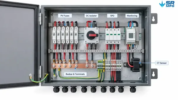 Kompatible Sicherungs-Trennschalter, SPD-Überwachung und Sammelschienenkomponenten für Solar-Combiner-Box-Gehäuse