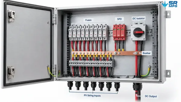 Interne Anordnung des Solar-Combiner-Box-Gehäuses mit DIN-Schienen, Sicherungen, SPD und Sammelschiene