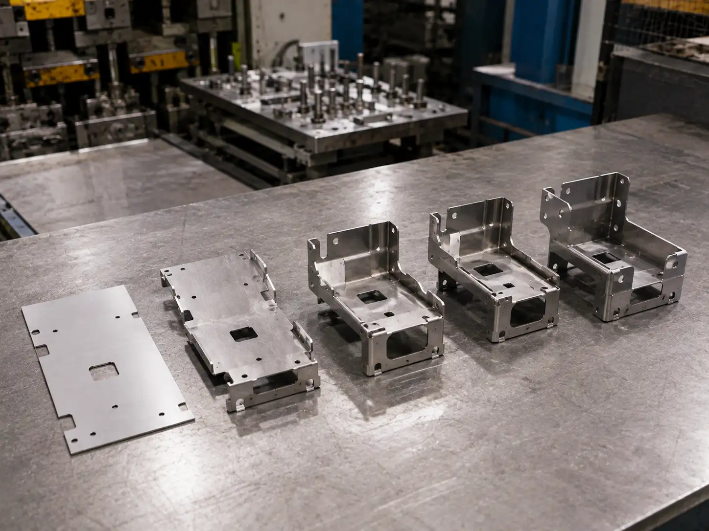 Staged Forming Process for SUS301 Parts Multi-step forming process of SUS301 sheet metal parts in a modern fabrication workshop