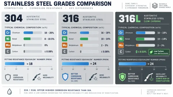 Comparison of 304, 316, and 316L stainless steel grades showing chromium, nickel, molybdenum content and pitting resistance