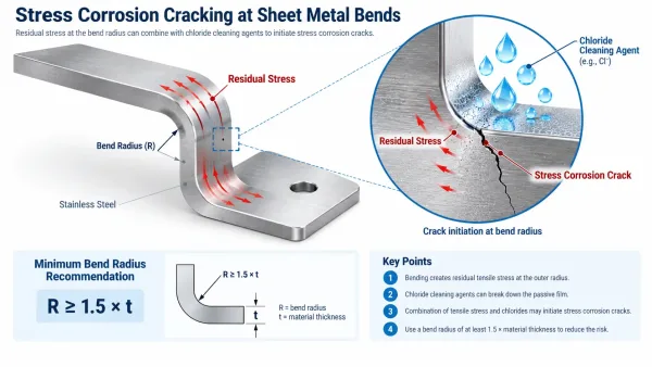 Diagram showing stress corrosion cracking initiation at bend radius in stainless steel sheet metal exposed to cleaning agents