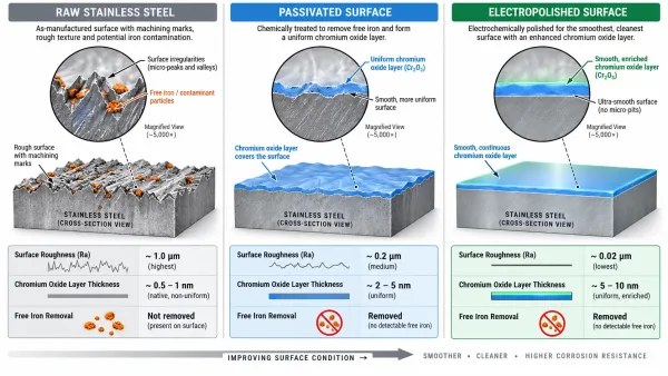 Comparison of three surface treatments: raw stainless steel, passivated surface, and electropolished surface showing corrosion resistance improvement
