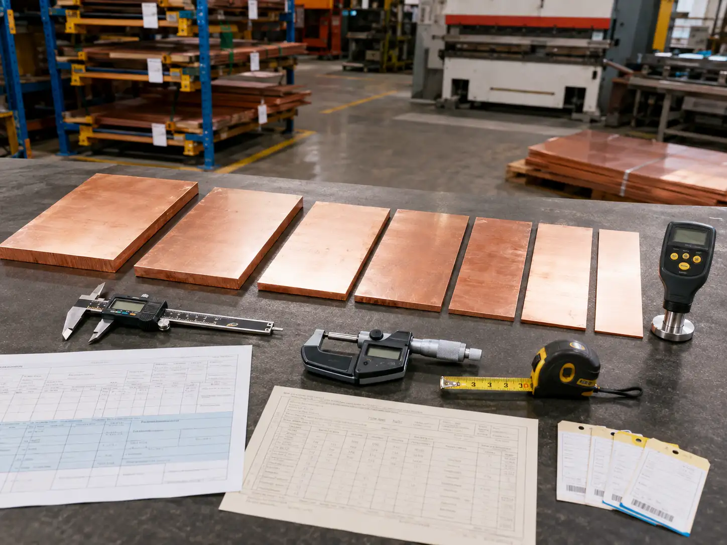 T2 and T3 Pure Copper Incoming Inspection and Specification Evaluation Incoming inspection of T2 and T3 pure copper with measuring tools and material certification documents