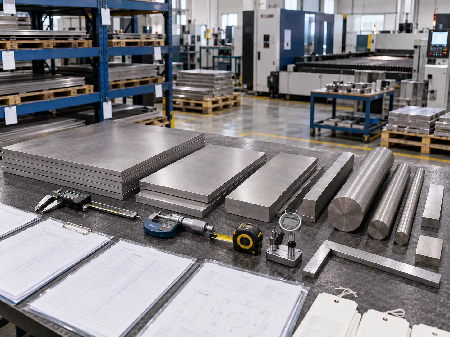 TC21 Titanium Alloy Incoming Inspection and Material Verification Incoming inspection of TC21 titanium alloy with measuring tools and material certification documents