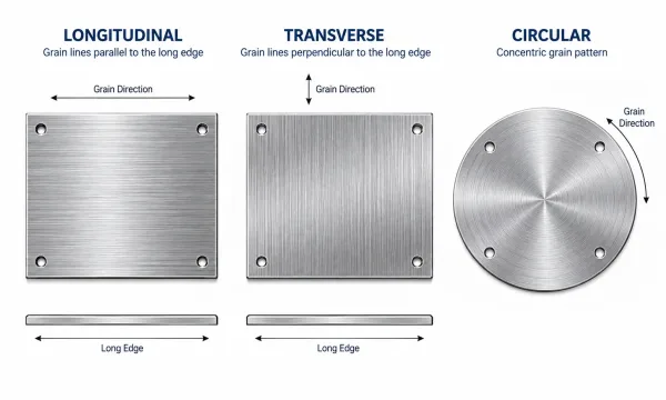 Diagram illustrating longitudinal, transverse, and circular brush texture directions on metal parts