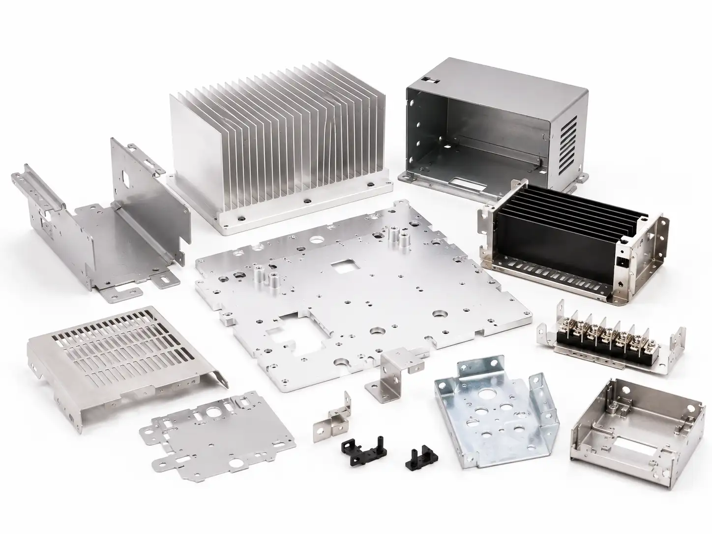 Sheet metal heat sinks, mounting plates and structural components for power and cooling systems