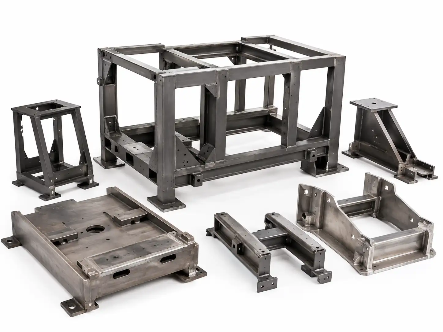 Welded metal frames and machine bases for industrial automation equipment