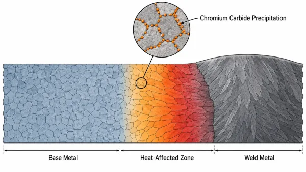 Cross-section diagram showing welding heat-affected zone with chromium carbide precipitation and sensitization in stainless steel