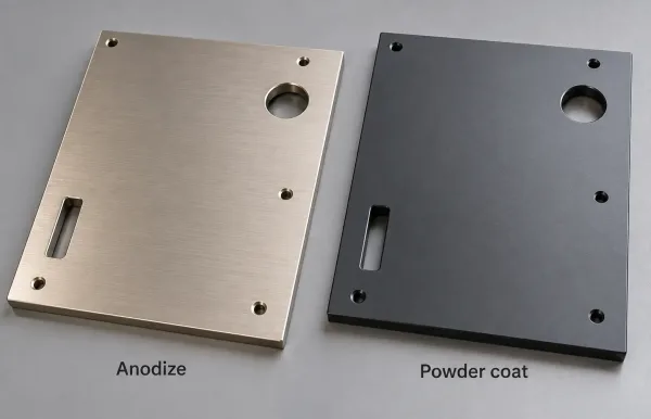 Side-by-side aluminum panels with anodized finish and powder-coated finish for cosmetic enclosures