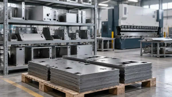 Sheet metal blanks and finished parts staged on shelving in an idle workshop bay while production scheduling is on hold