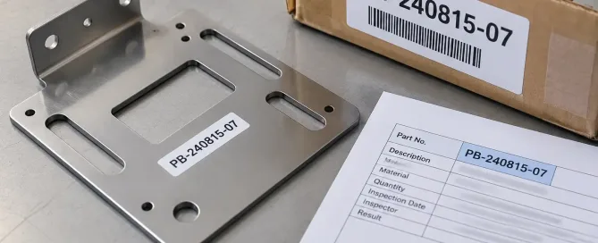 Labeled cartons of sheet metal parts grouped as a production batch with batch number tags