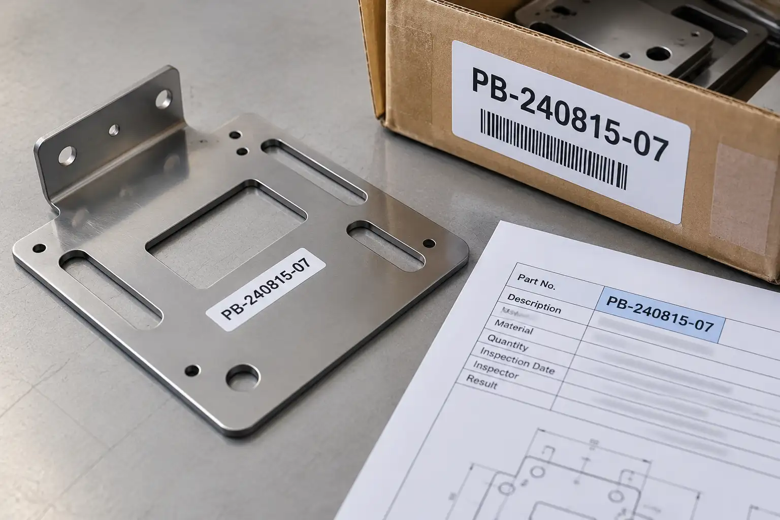 Labeled cartons of sheet metal parts grouped as a production batch with batch number tags
