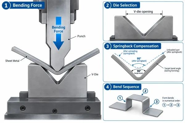 Press brake bending diagram showing bending force, die selection, springback compensation, and bend sequence parameters