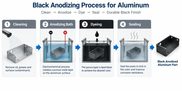 Flowchart showing the four main steps of the black anodizing process for aluminum: cleaning, anodizing, dyeing, and sealing.