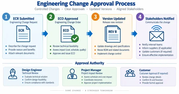 Four-step engineering change approval process from ECR submission through stakeholder notification with approval authority roles