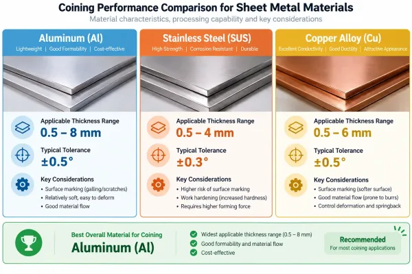 Chart showing material compatibility and performance in coining process