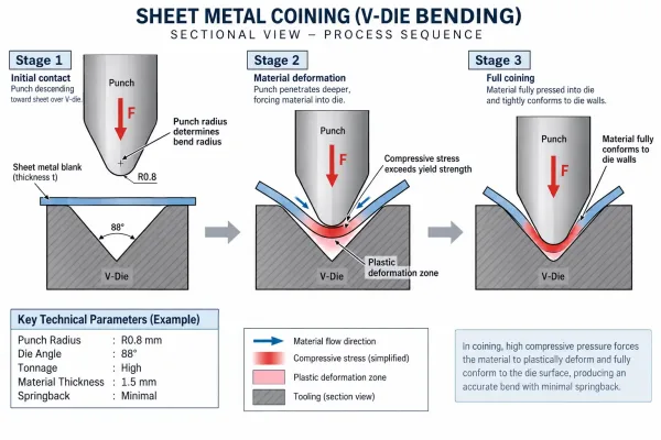Engineering diagram explaining coining bending mechanics and material flow