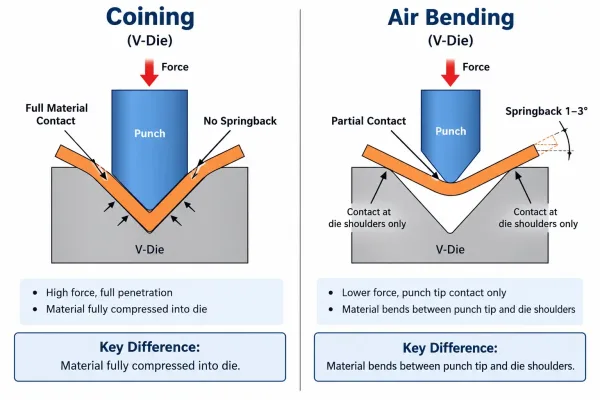 Comparison diagram showing coining vs air bending process differences